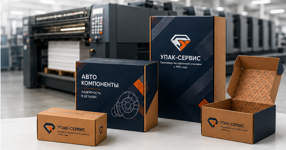Транспортный гофрокороб, брендированная коробка «Авто Компоненты» и коробка сложной конструкции — продукция «Упак-Сервис» на фоне печатного цеха